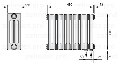Схема (чертеж) Радиатор Zehnder Charleston 4050/10 №5510 Белый глянцевый RAL 9016